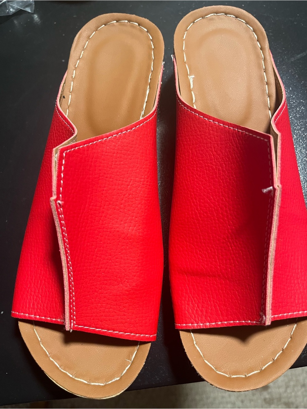 Women’s Red Slip-On Open Toe Sandals with Tan Footbed